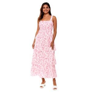 Pink Floral Tiered Ruffle Sundress Adjustable Straps Empire Waist Size Medium